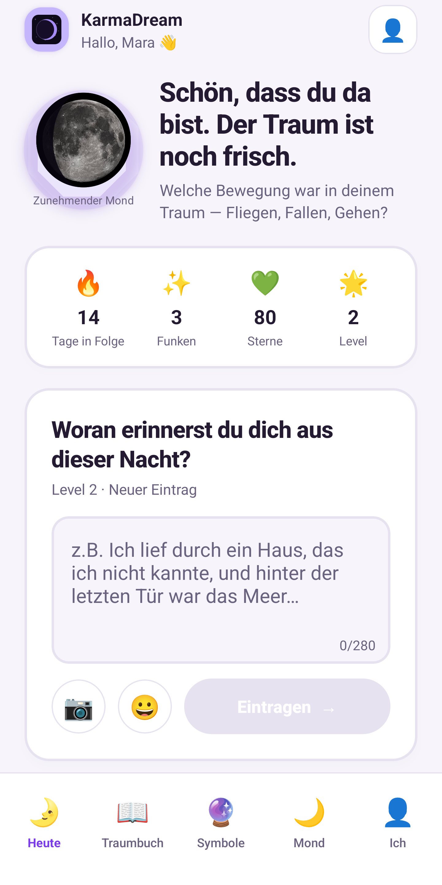 KarmaDream — Startseite mit fotorealistischem Mond, Traum-Eintrag und Sternen